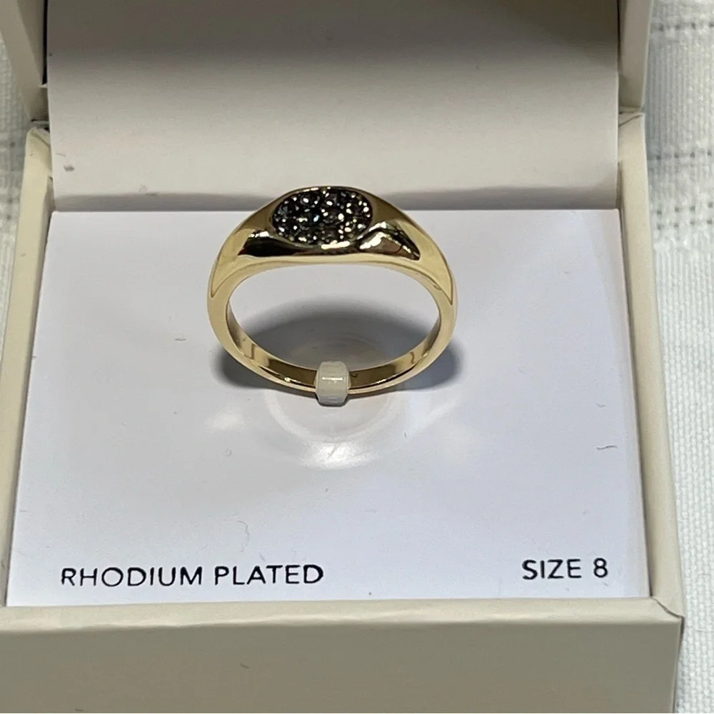 Signet Ring Crystal Pave Gold Tone Rhodium Plated Black Enamel Sz 8 NWT 💥SALE💥